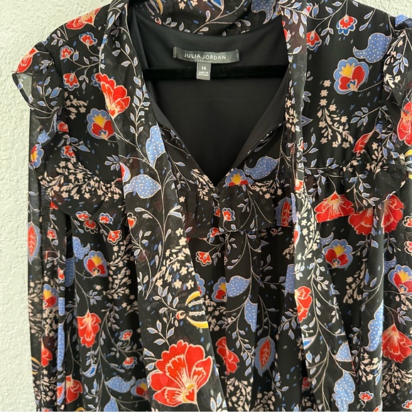 Romantic Floral Tie Neck Dress Black Sheer Sleeve Ruffle Boho - Size 14 - Picture 7 of 13